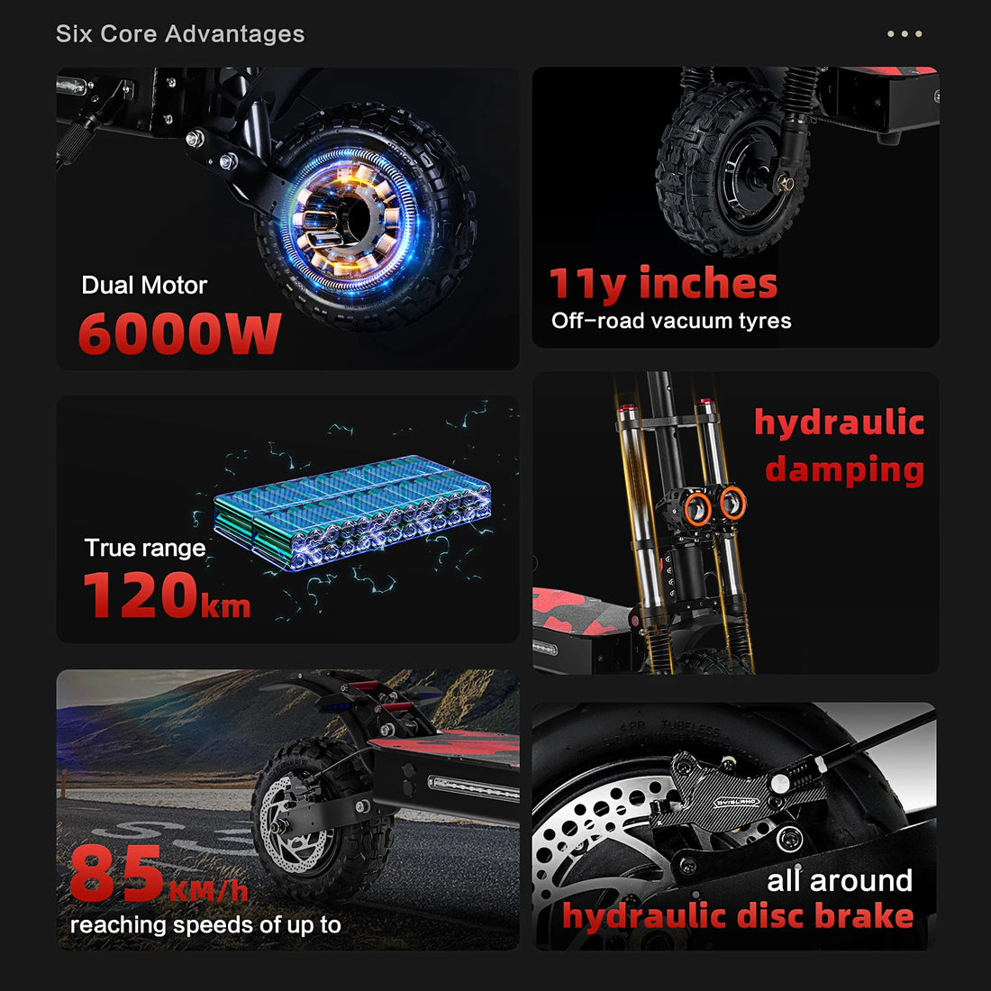 6000W Powerful Electric Scooter 60V 38Ah Max Speed 85km/h 100km Range 11'' Tire