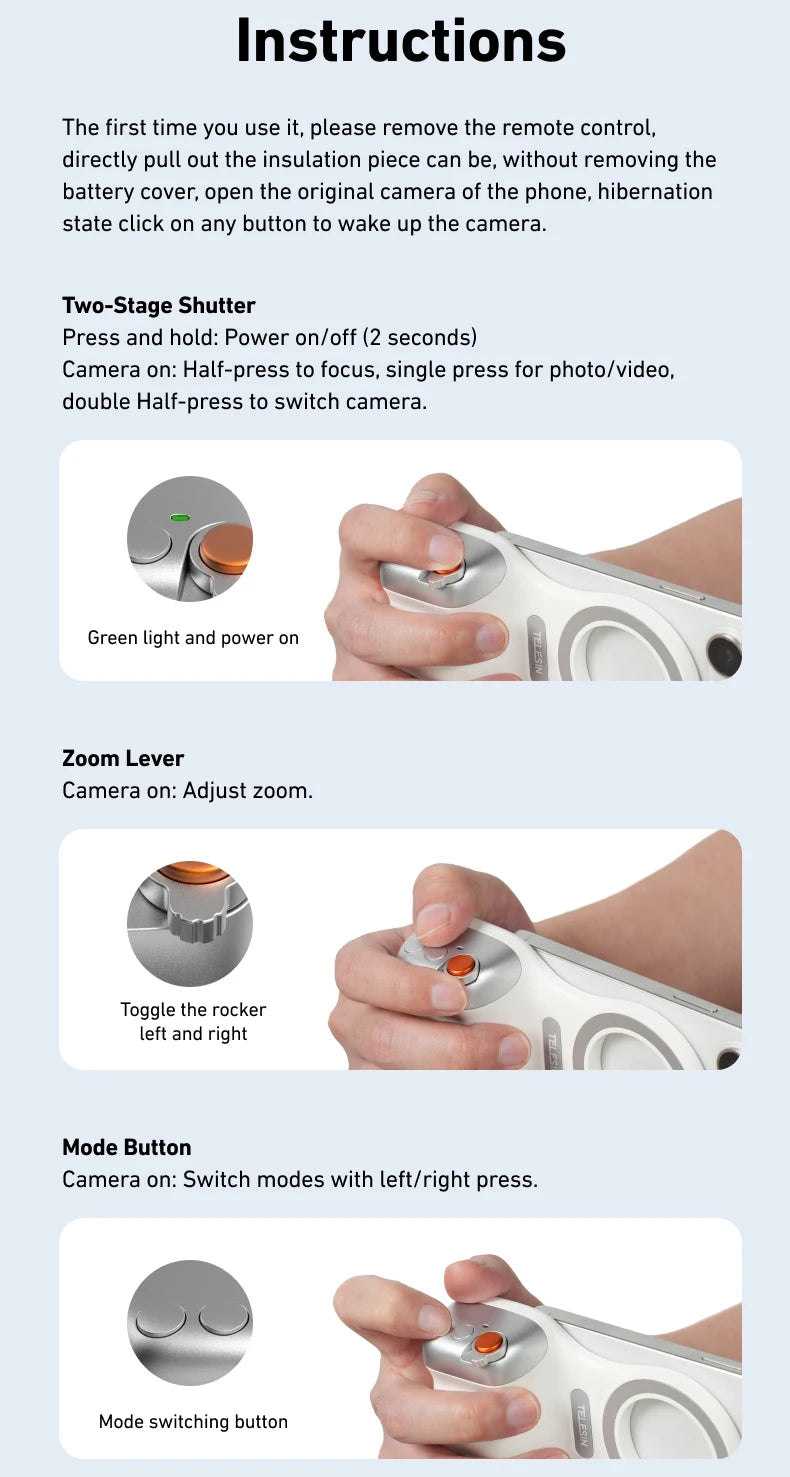 TELESIN Magnetic Phone Camera Shoot Hand Grip Phone Holder Shooting Aid Remote Control Handle for Iphone HUAWEI SAMSUNG Phone