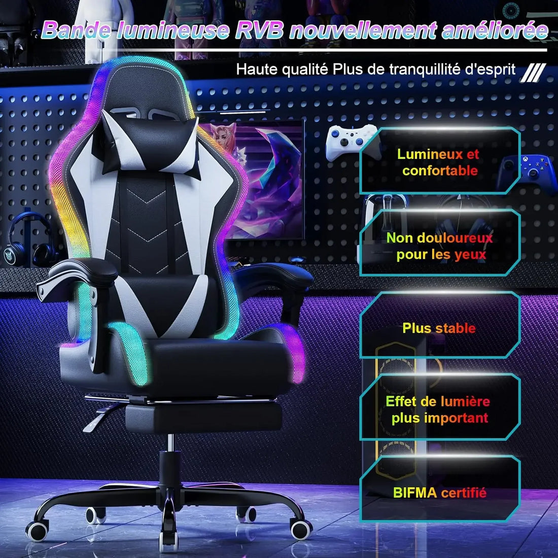 Devoko Chaise Gaming Ergonomique avec LED RGB, Massage