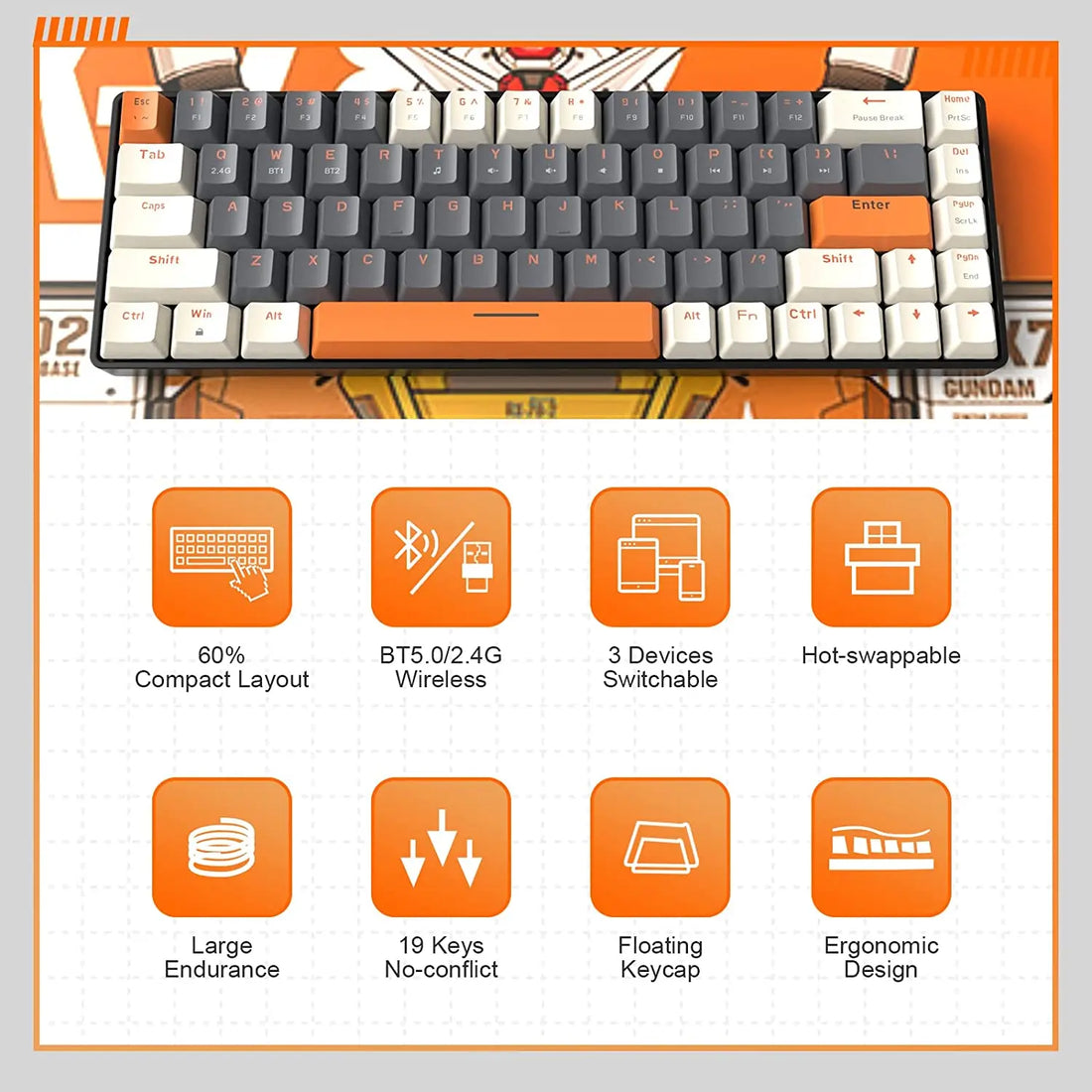 RK68 60% Wireless Mechanical Keyboard, Bluetooth 5.0/2.4GHz