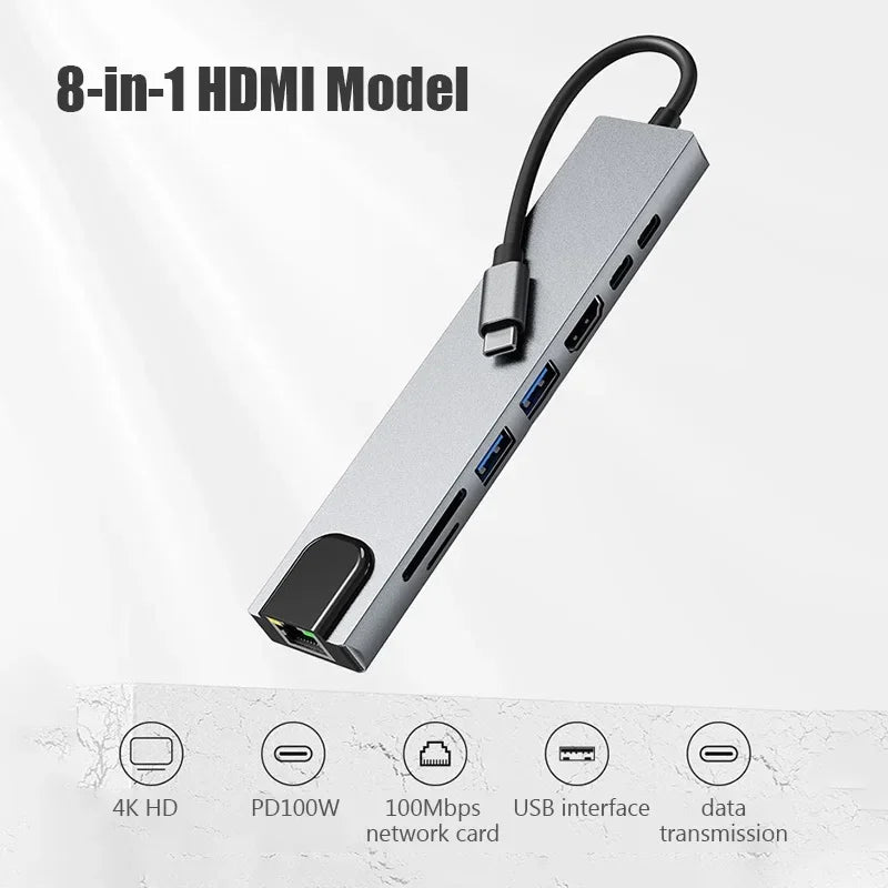 USB C Hub 8 In 1 Type C 3.1 To 4K HDMI Adapter with RJ45