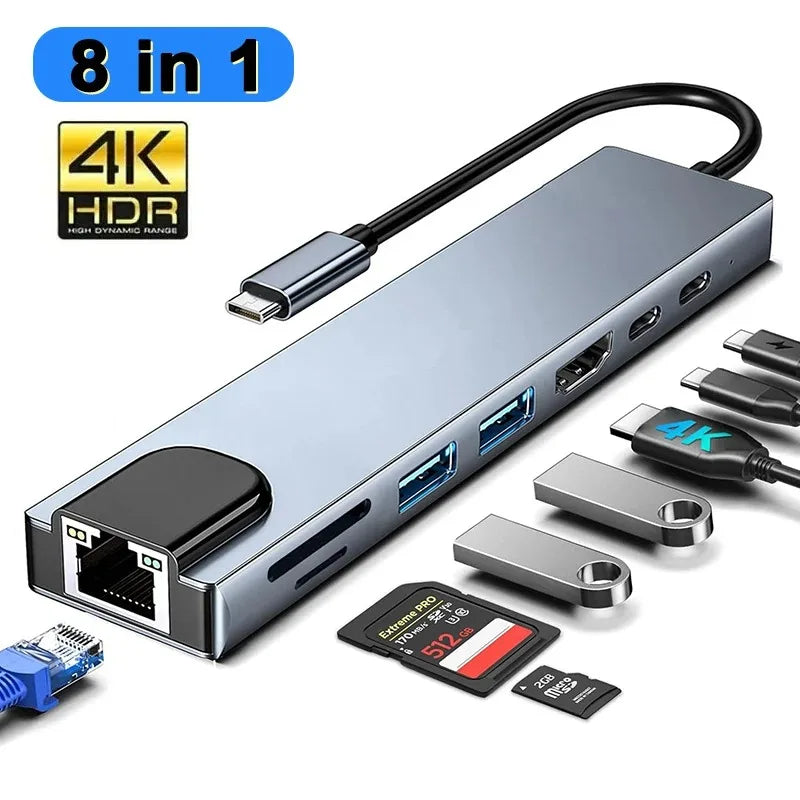 USB C Hub 8 In 1 Type C 3.1 To 4K HDMI Adapter with RJ45
