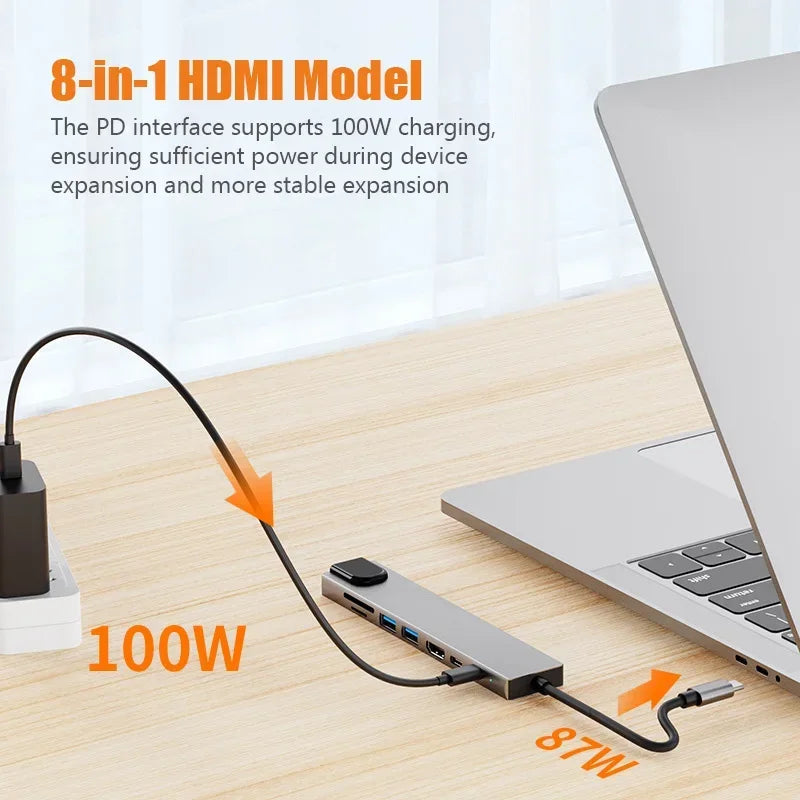 USB C Hub 8 In 1 Type C 3.1 To 4K HDMI Adapter with RJ45