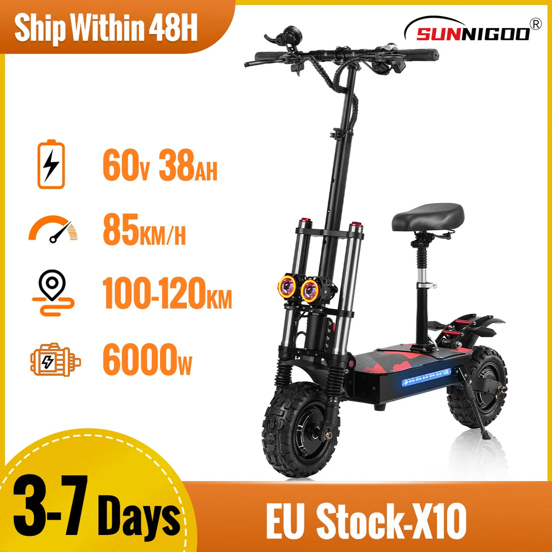 6000W Powerful Electric Scooter 60V 38Ah Max Speed 85km/h 100km Range 11'' Tire